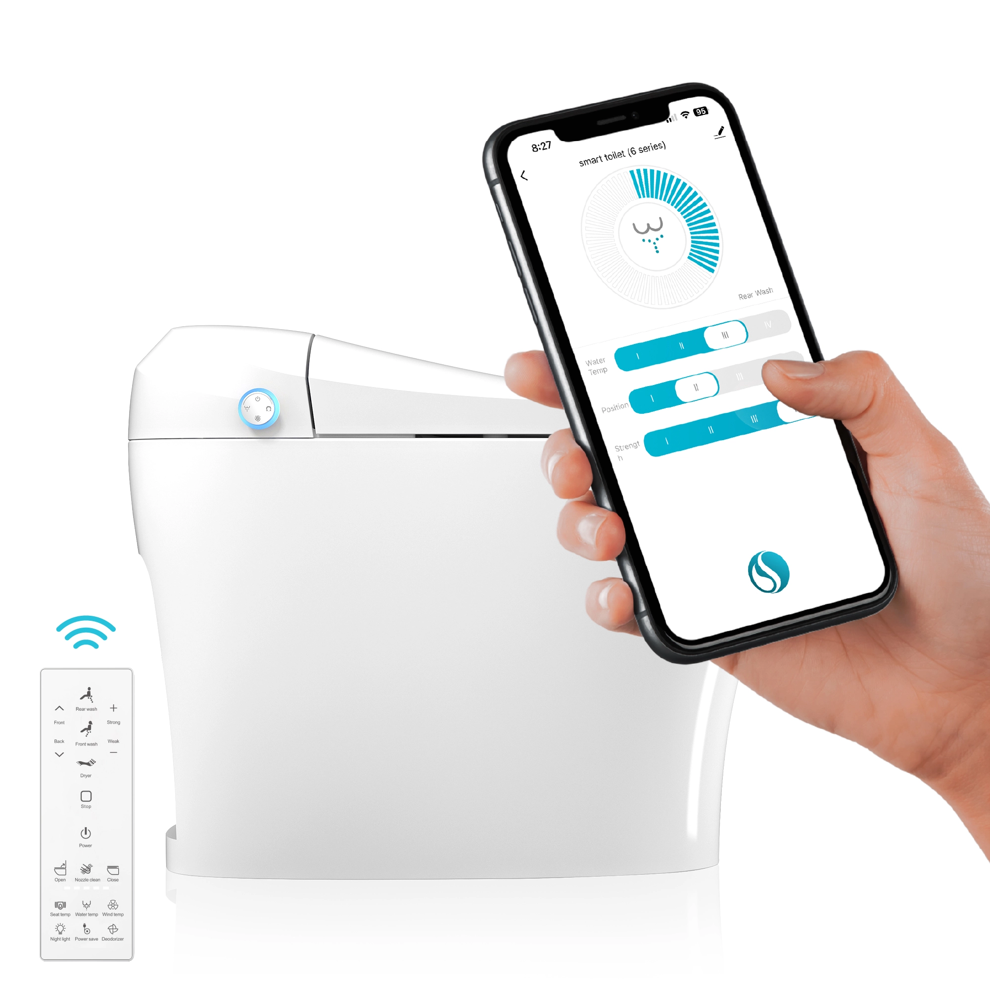 Side view of the Swan S Pro smart toilet with a smartphone interface displayed, showing adjustable settings.