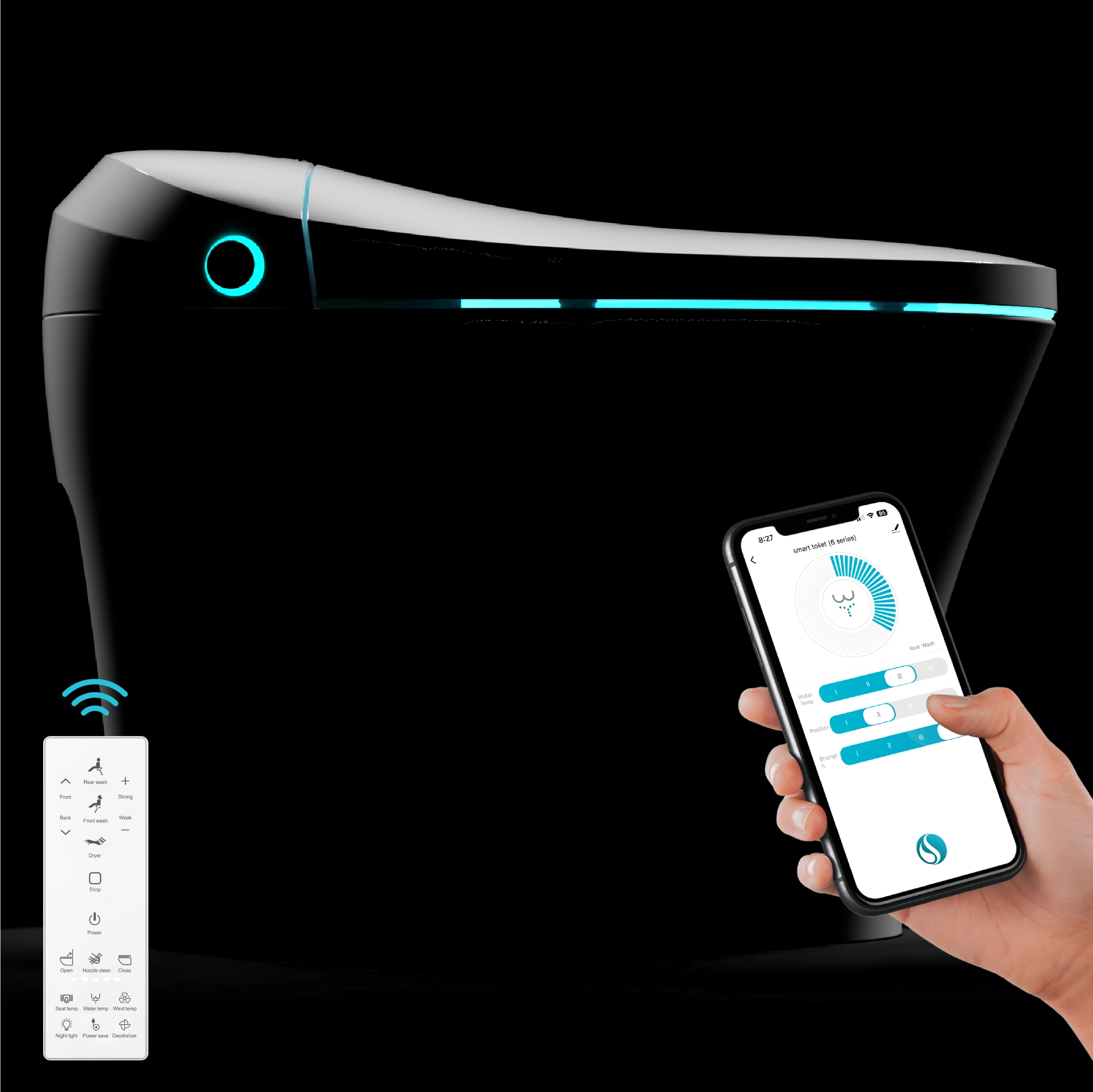 Swan S Pro smart toilet in dark mode with mobile app and remote control.