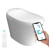 Top-down view of the Swan S Pro smart toilet, with smartphone control interface displayed.