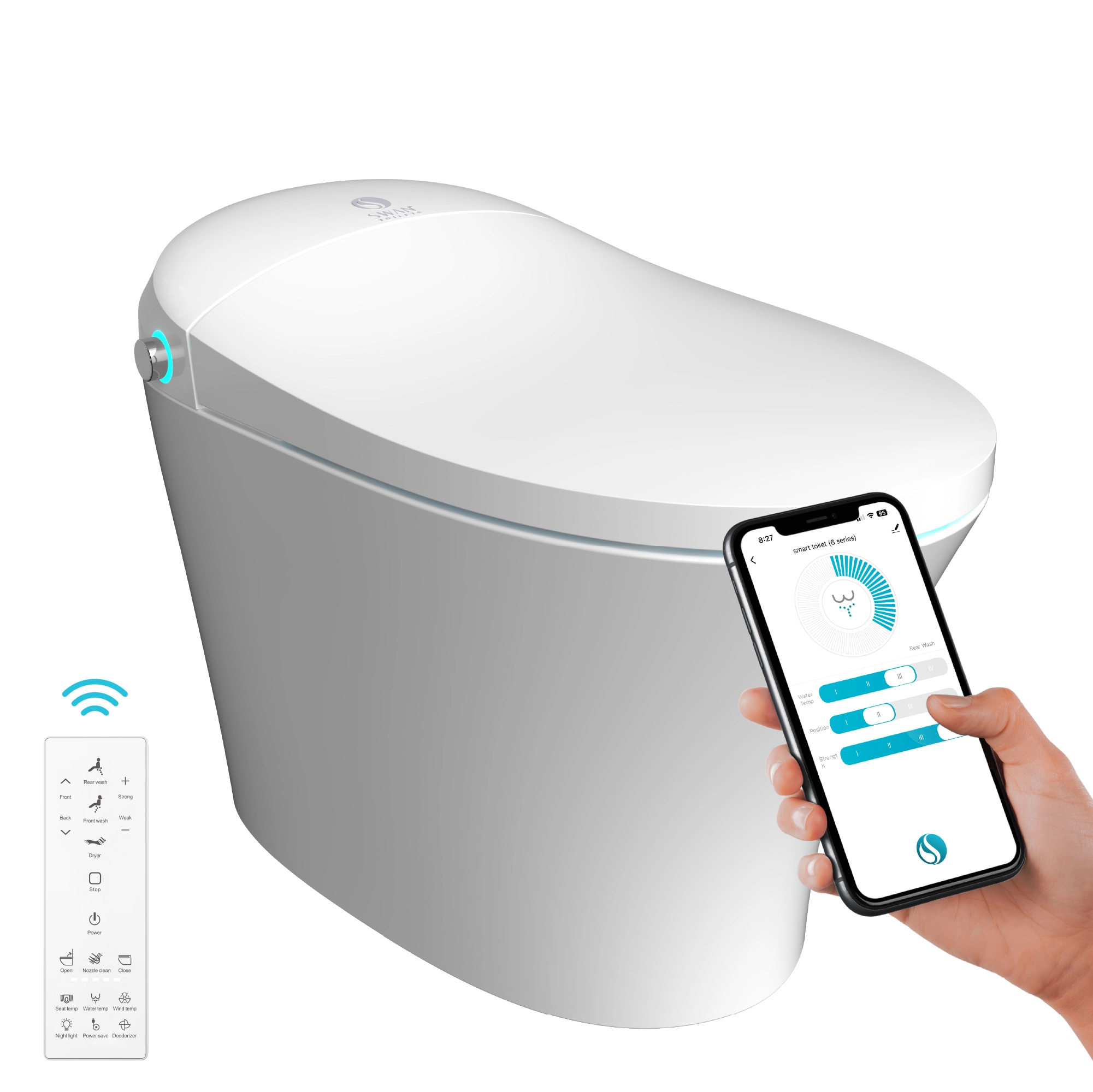 Top-down view of the Swan S Pro smart toilet, with smartphone control interface displayed.