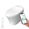 Angled view of Swan S Pro smart toilet with smartphone control app displayed.