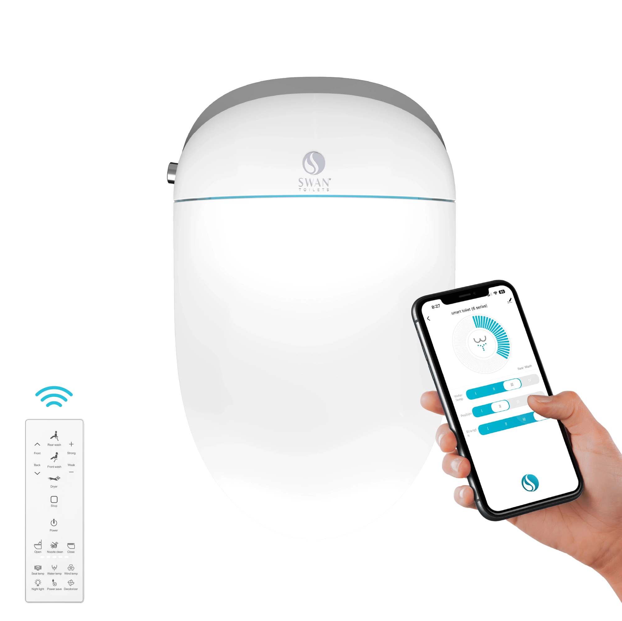 Top view of Swan S Pro smart toilet with smartphone app control, showing adjustable settings.