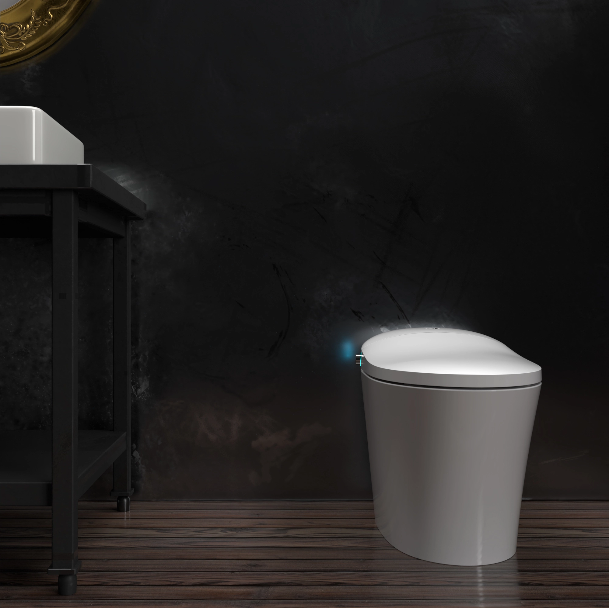 Swan S Pro smart toilet in a minimalist bathroom with dark walls and ambient LED lighting.