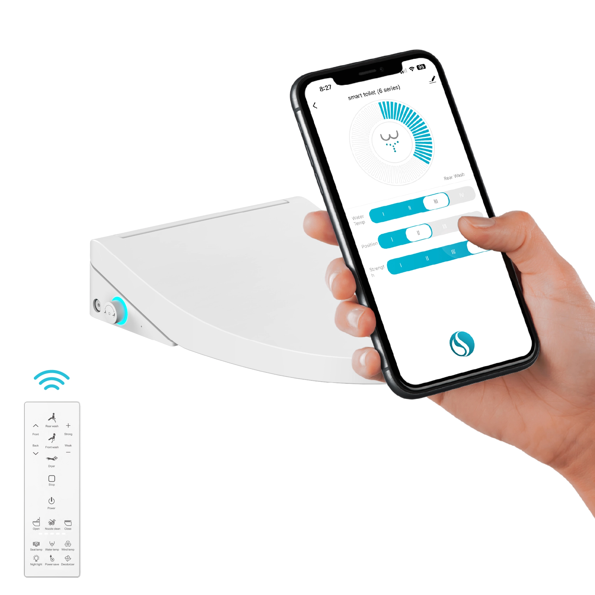 Close-up view of Swan Attachment Seat with remote control and smartphone app interface.