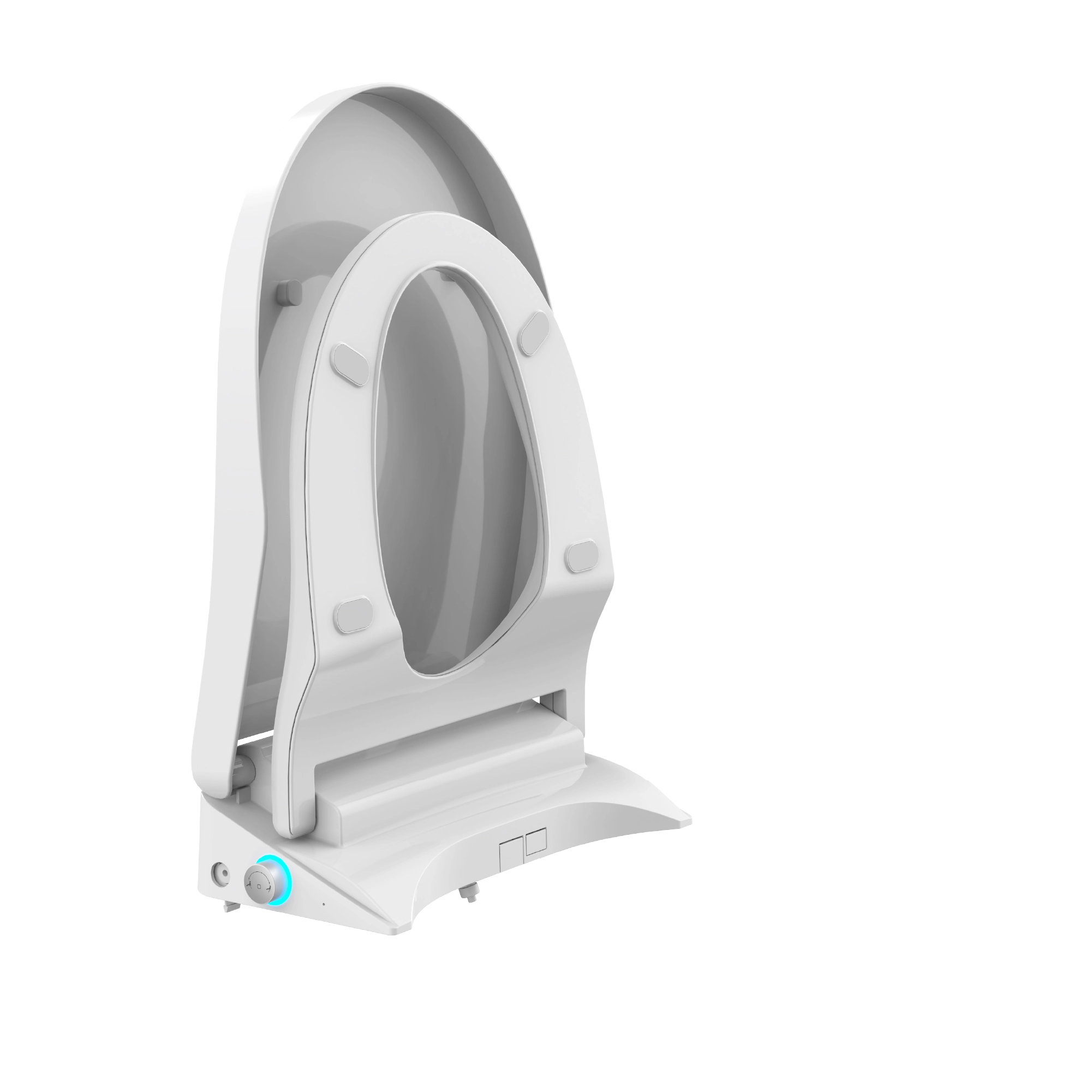 Swan Attachment Seat with both seat and lid raised, revealing control features and attachment points.