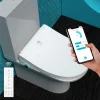 Swan Attachment Seat installed on a toilet with smartphone app interface showing customizable settings.