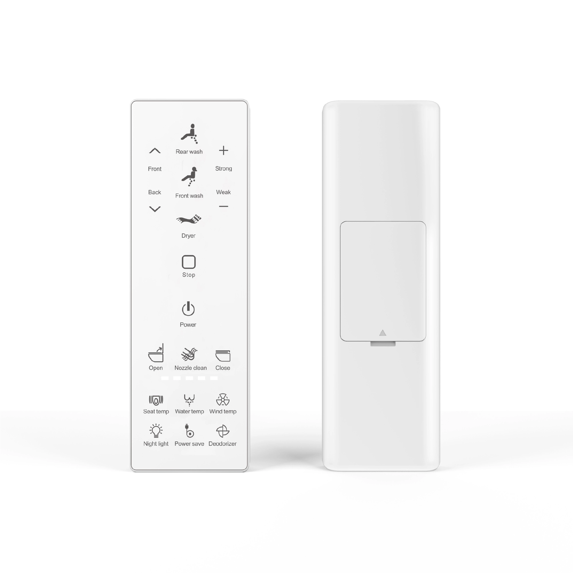 Front and back view of the Swan Attachment Seat remote control, displaying various function buttons.