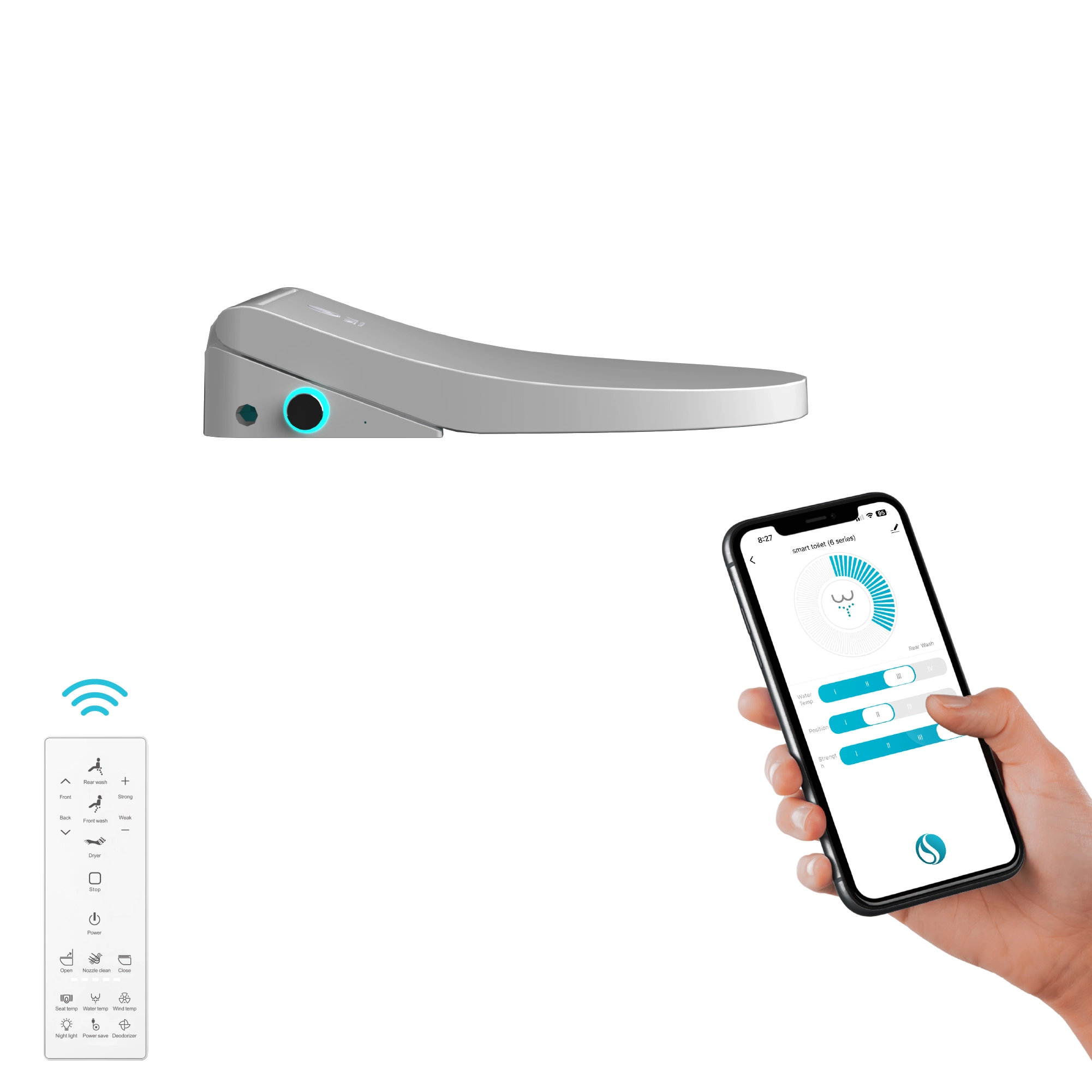 Swan Attachment Seat with smartphone control displaying customizable settings.