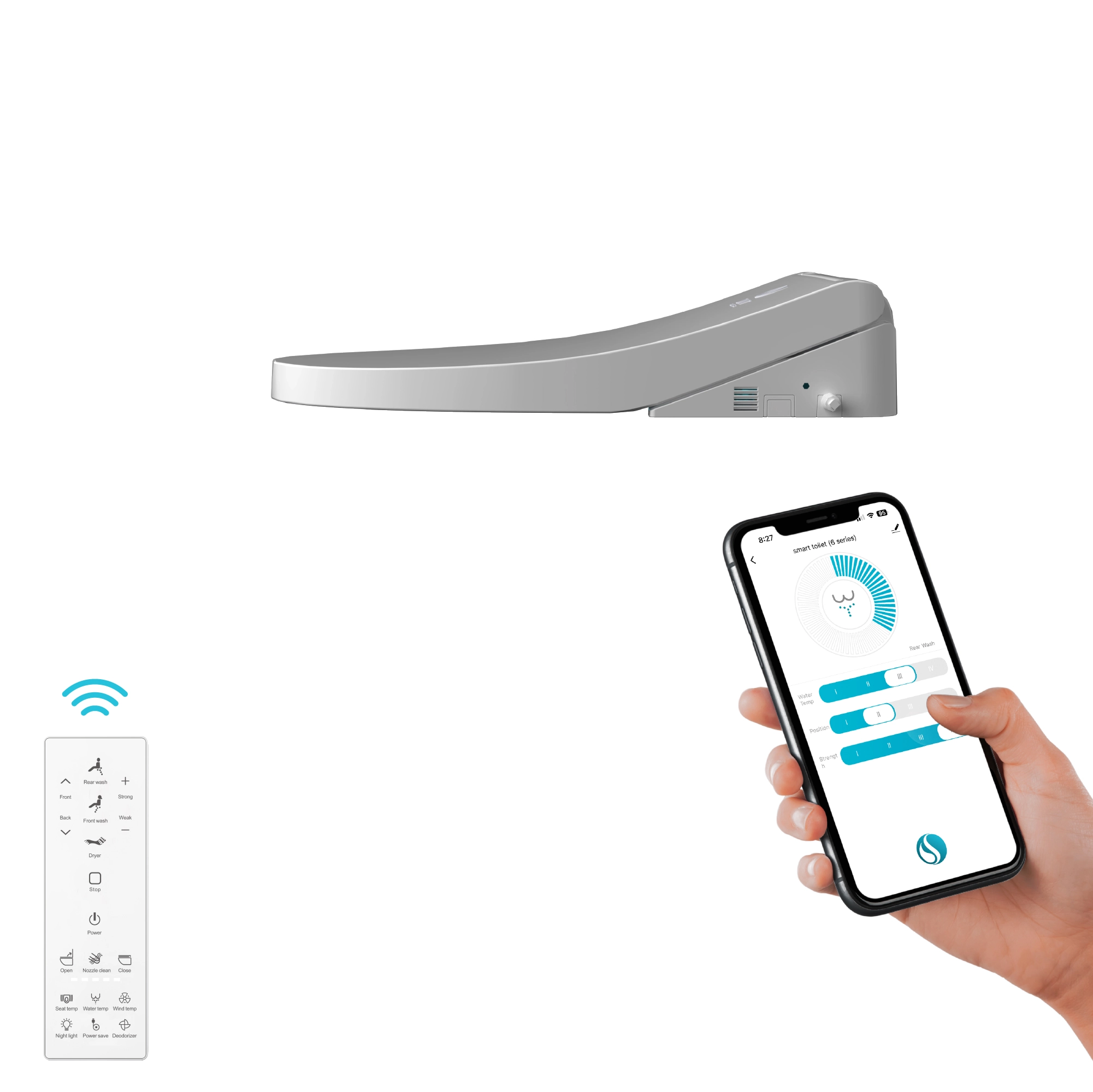 Detailed view of the Swan Attachment Seat installed on a toilet.