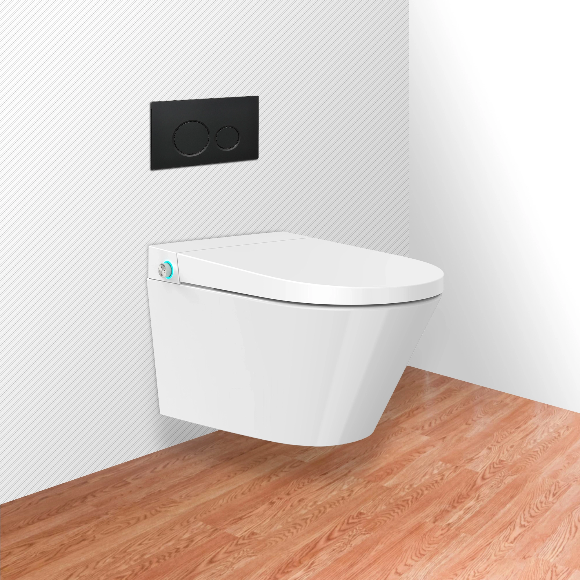 Swan Wall-Mount toilet installed in a minimalist bathroom with a black dual-flush plate.