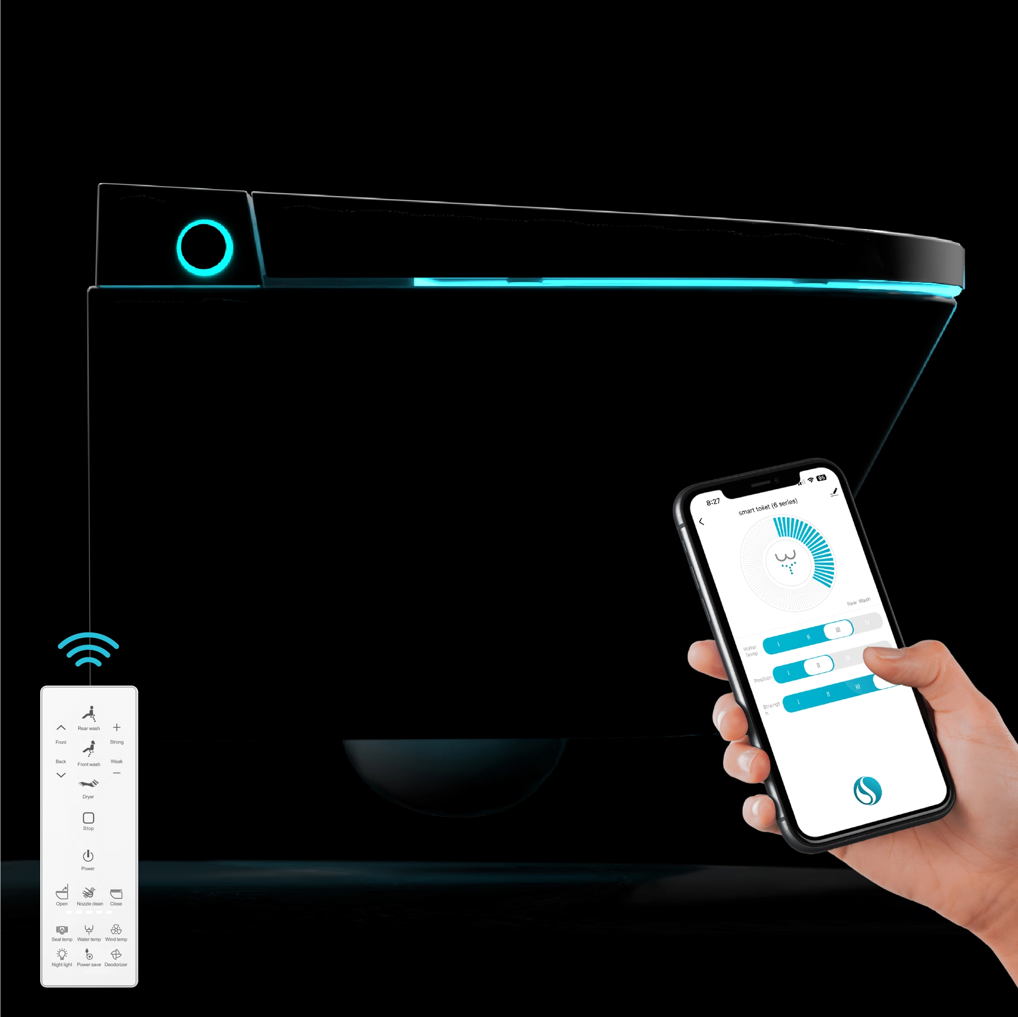 Swan Wall-Mount toilet illuminated with ambient lighting, controlled via smartphone app, displayed against a dark background.