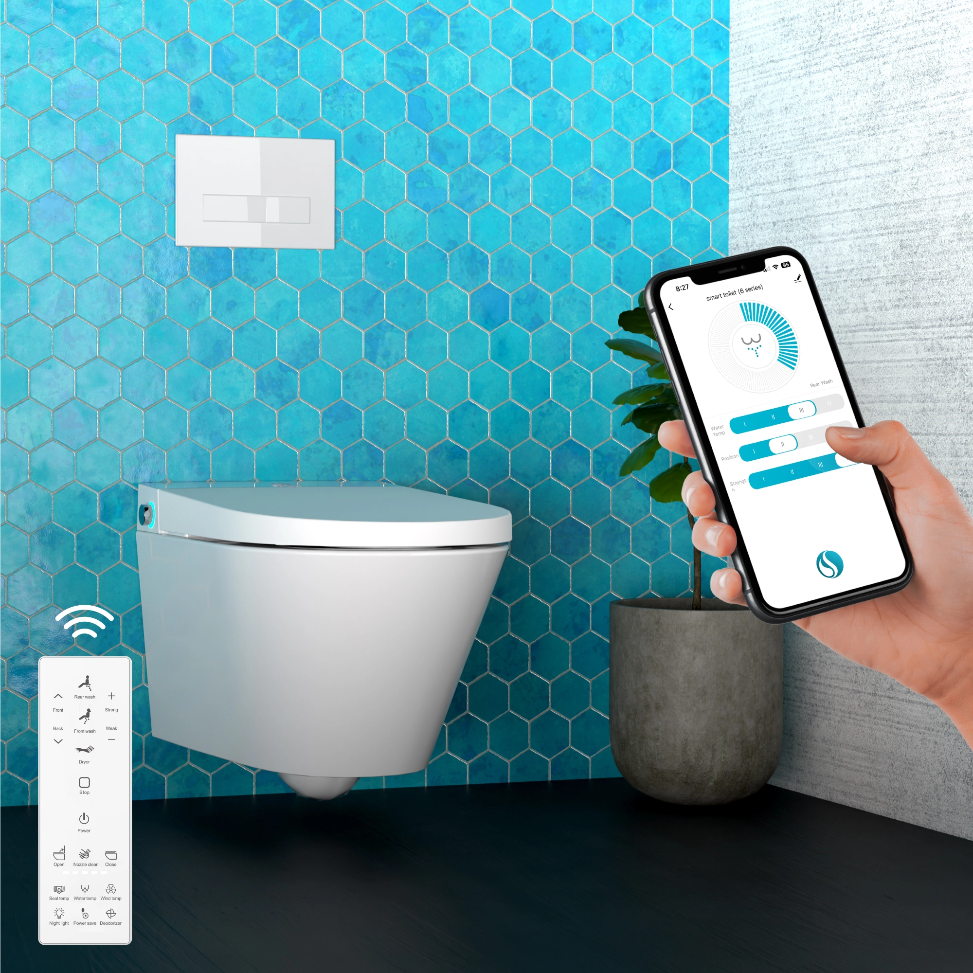 Swan Wall-Mount toilet in a modern bathroom with smartphone app control interface displayed.
